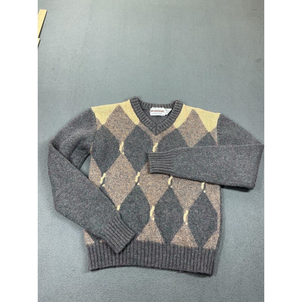 McGregor Sweater Mens Medium Gray‎ Wool Acrylic V Neck Argyle Knit Pullover Warm